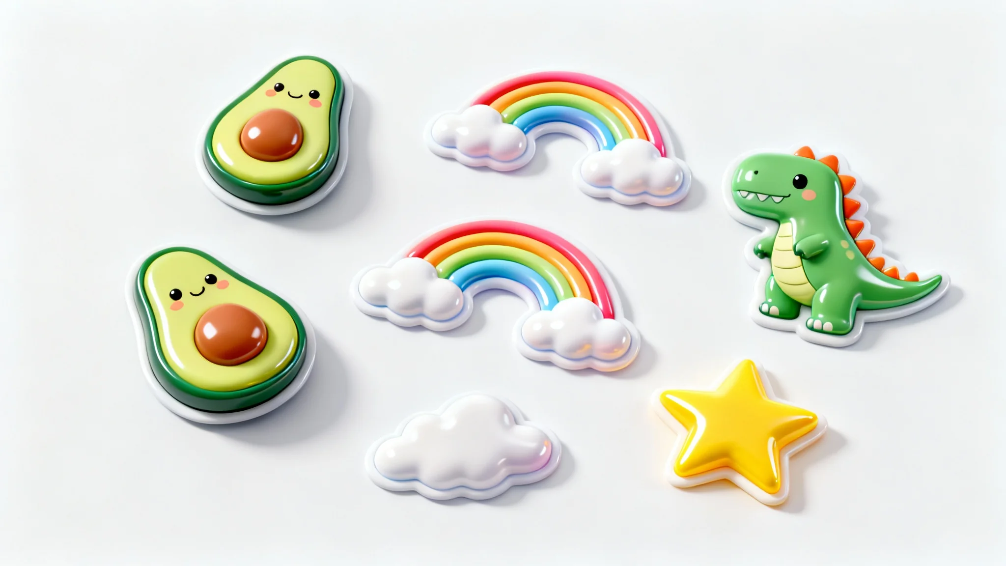 A collection of colorful and cute 3D puffy stickers, including an avocado, a rainbow, and a dinosaur, arranged on a white background to showcase their three-dimensional quality.