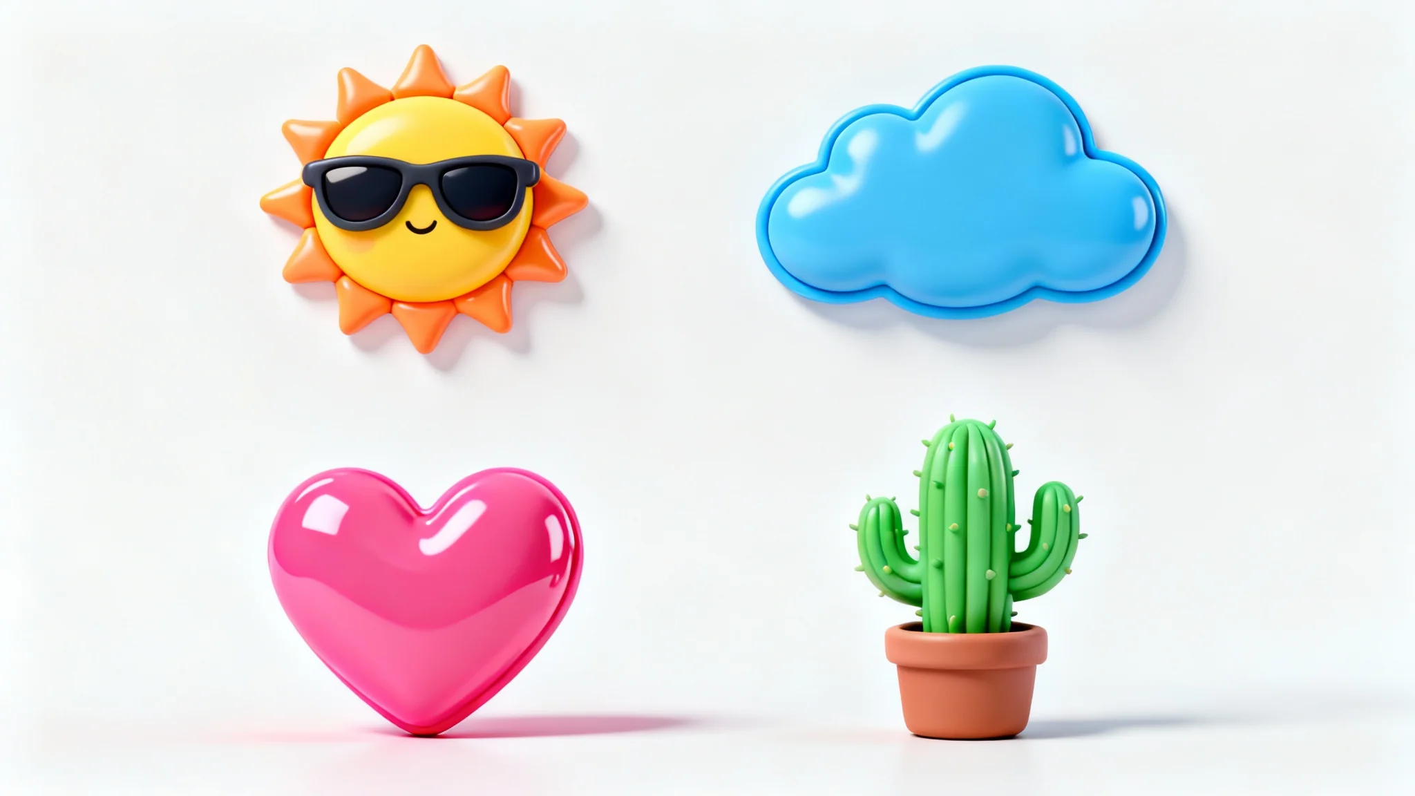 A collection of colorful and glossy 3D stickers, including a cartoon sun and a heart, displayed on a clean white background.