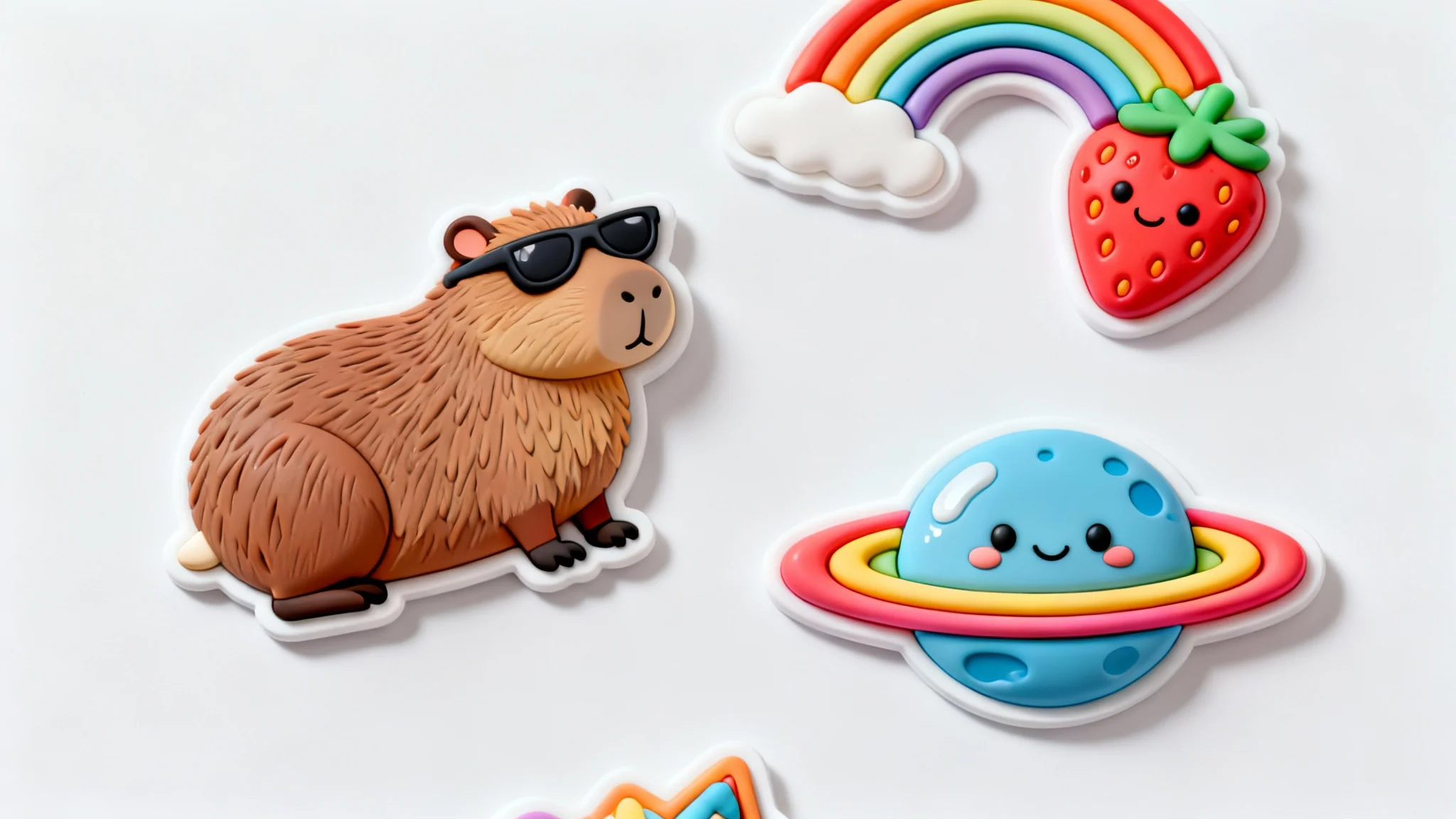 A photorealistic image of several colorful and glossy 3D puffy stickers, including a capybara with sunglasses and a smiling strawberry, scattered on a white background.