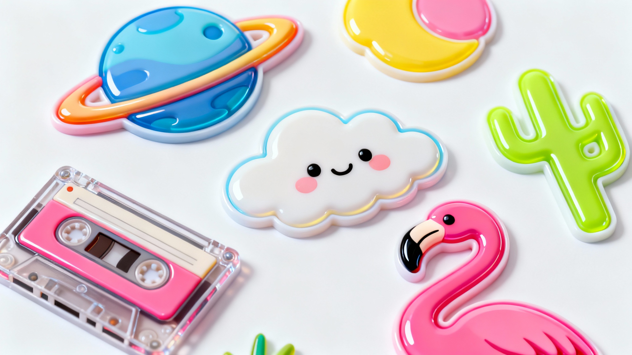 A collection of colorful, glossy 3D puffy stickers featuring a planet, a cassette tape, and a cloud, scattered on a white background.