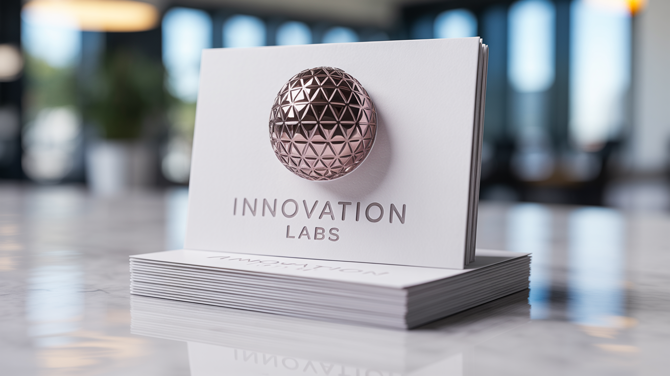 A close-up shot of a premium business card featuring a glossy 3D metallic sphere logo. The logo is for 'Aura Sphere' and the card demonstrates a polished, professional final design.