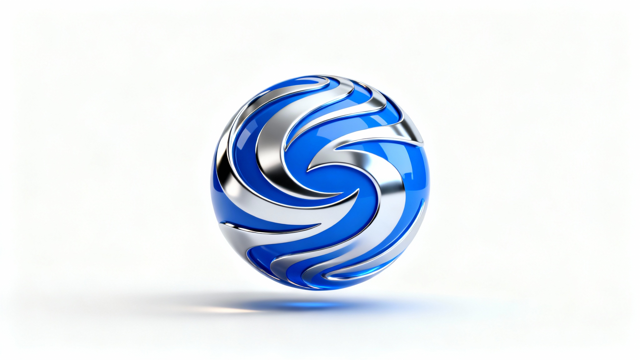A photorealistic mockup of a modern 3D sphere logo with blue and silver abstract swirls, floating against a clean white background.