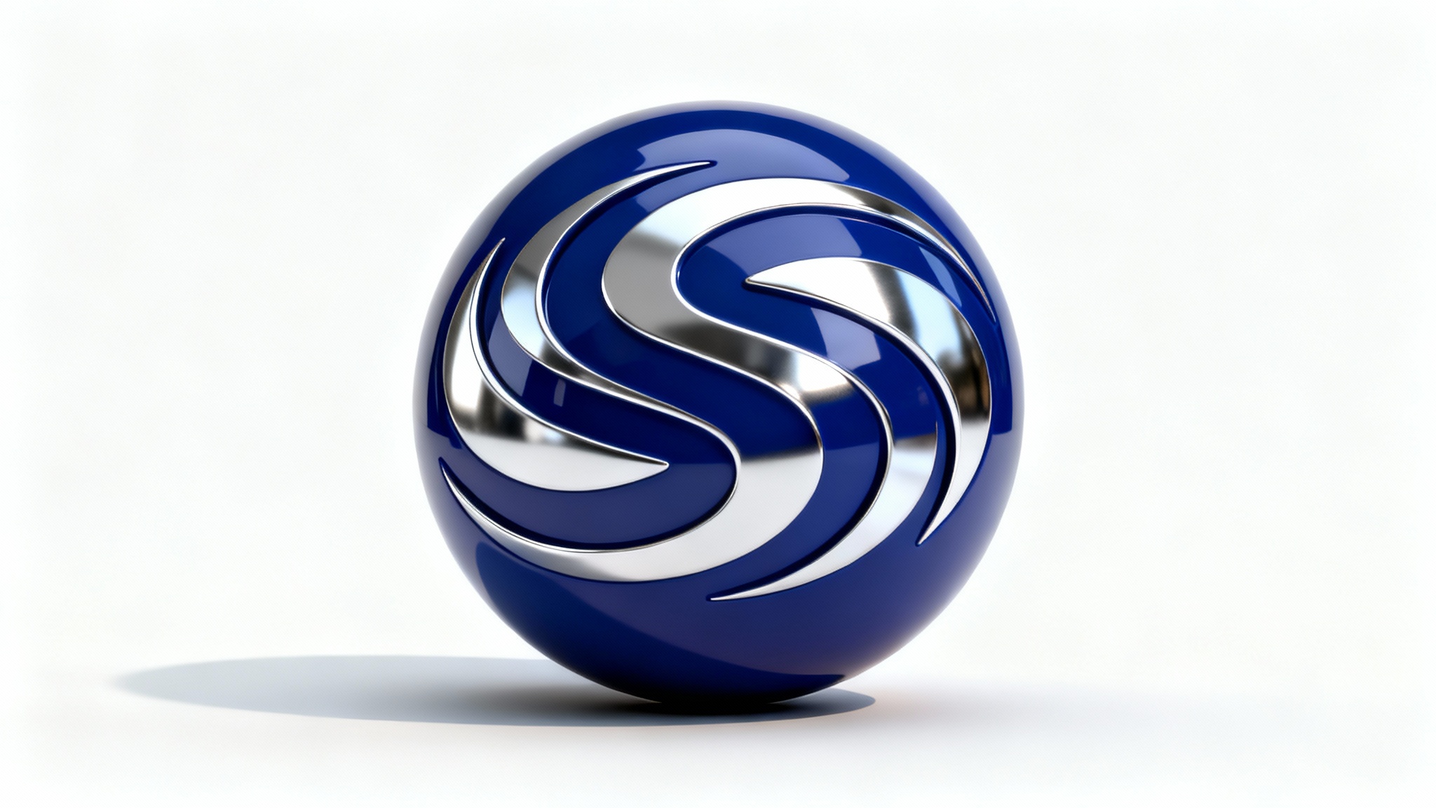 A photorealistic mockup of a modern 3D sphere logo, featuring a glossy cobalt blue sphere with silver metallic swirls, set against a stark white background and casting a soft shadow.