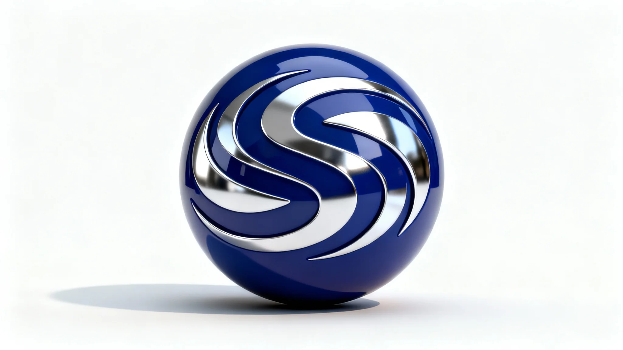 A photorealistic mockup of a modern 3D sphere logo, featuring a glossy cobalt blue sphere with silver metallic swirls, set against a stark white background and casting a soft shadow.
