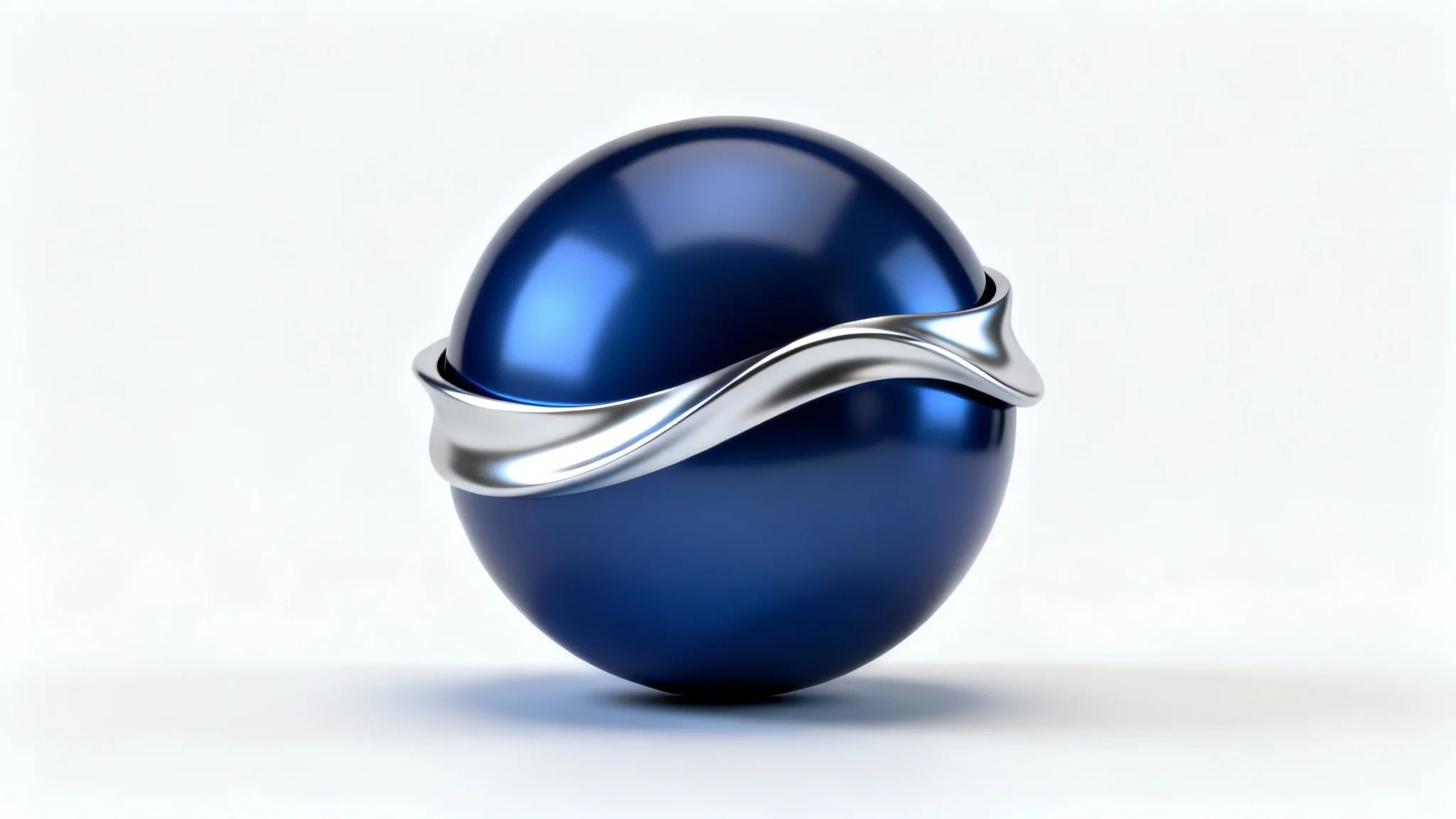 A modern 3D sphere logo in glossy dark blue with a silver wave wrapped around it, displayed as a mockup on a clean white background.