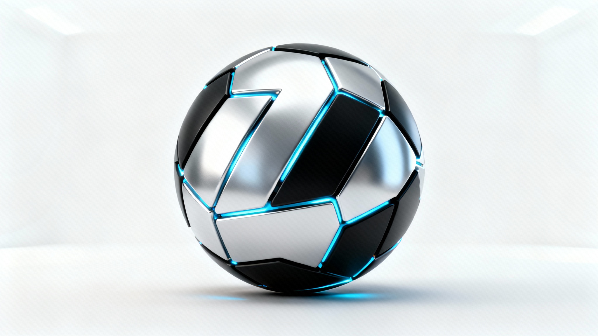 A highly detailed 3D sphere logo mockup, featuring interlocking silver and black segments with glowing blue lines, set against a plain white background.