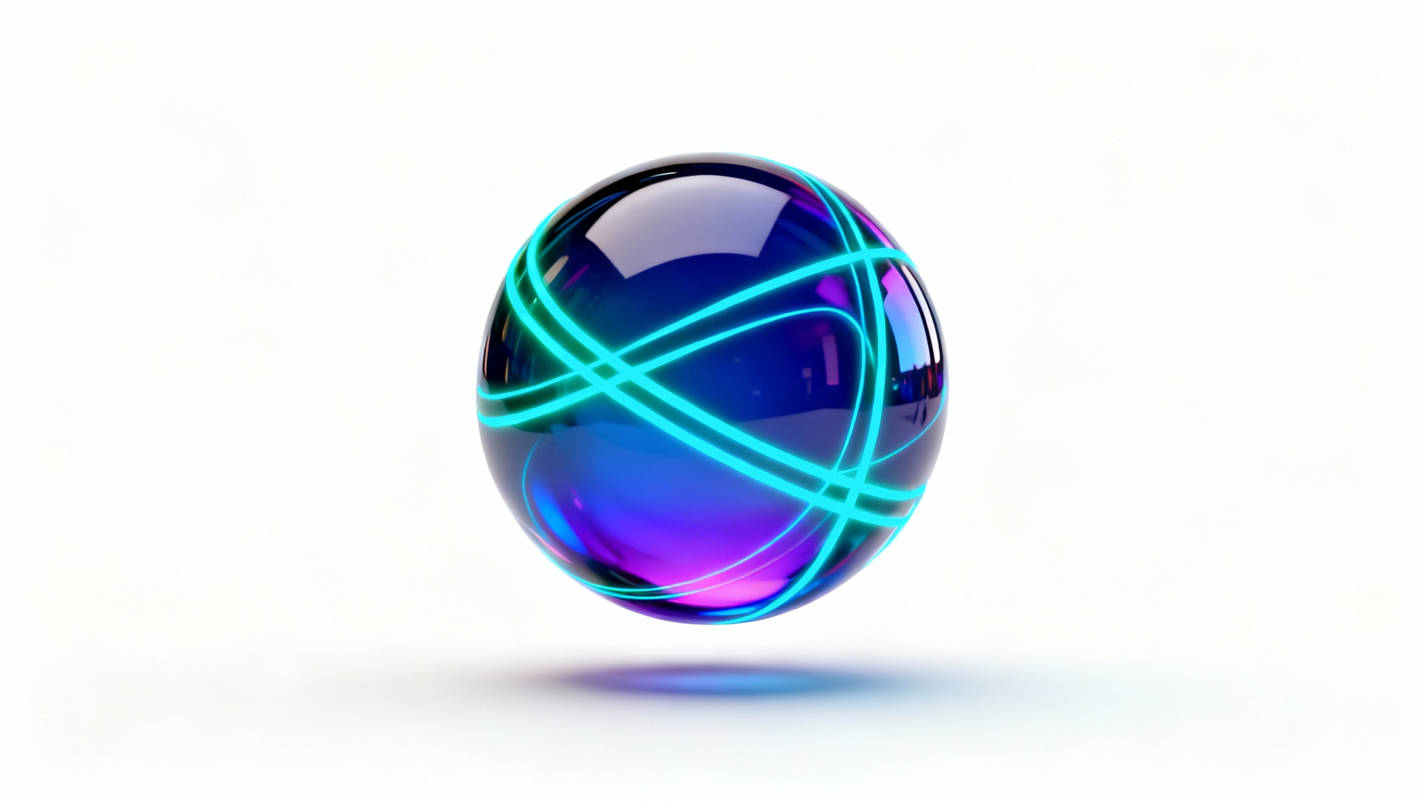 A modern 3D sphere logo with a blue and purple iridescent gradient and glowing cyan lines, representing a futuristic tech brand, floating on a clean white background.