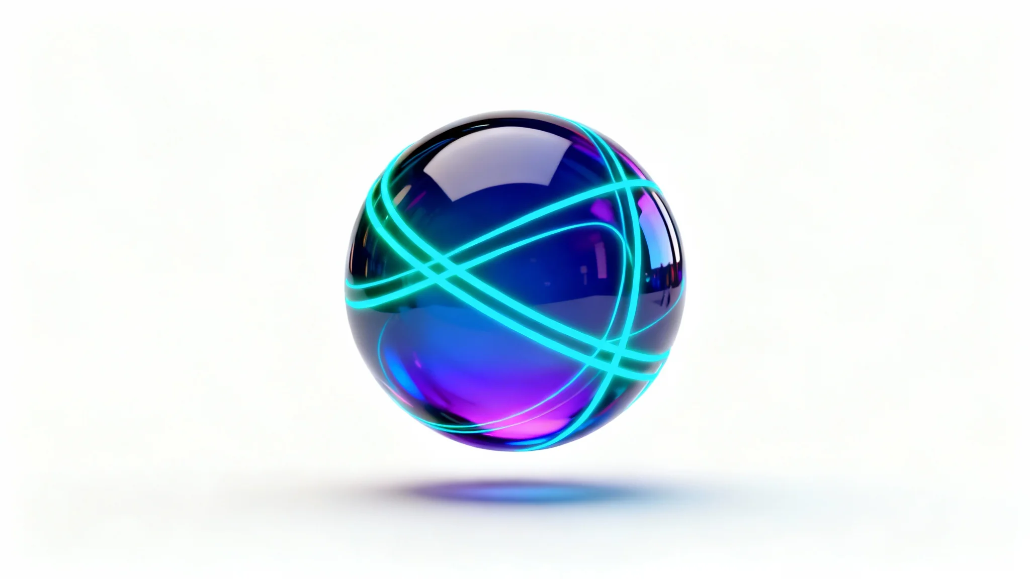 A modern 3D sphere logo with a blue and purple iridescent gradient and glowing cyan lines, representing a futuristic tech brand, floating on a clean white background.
