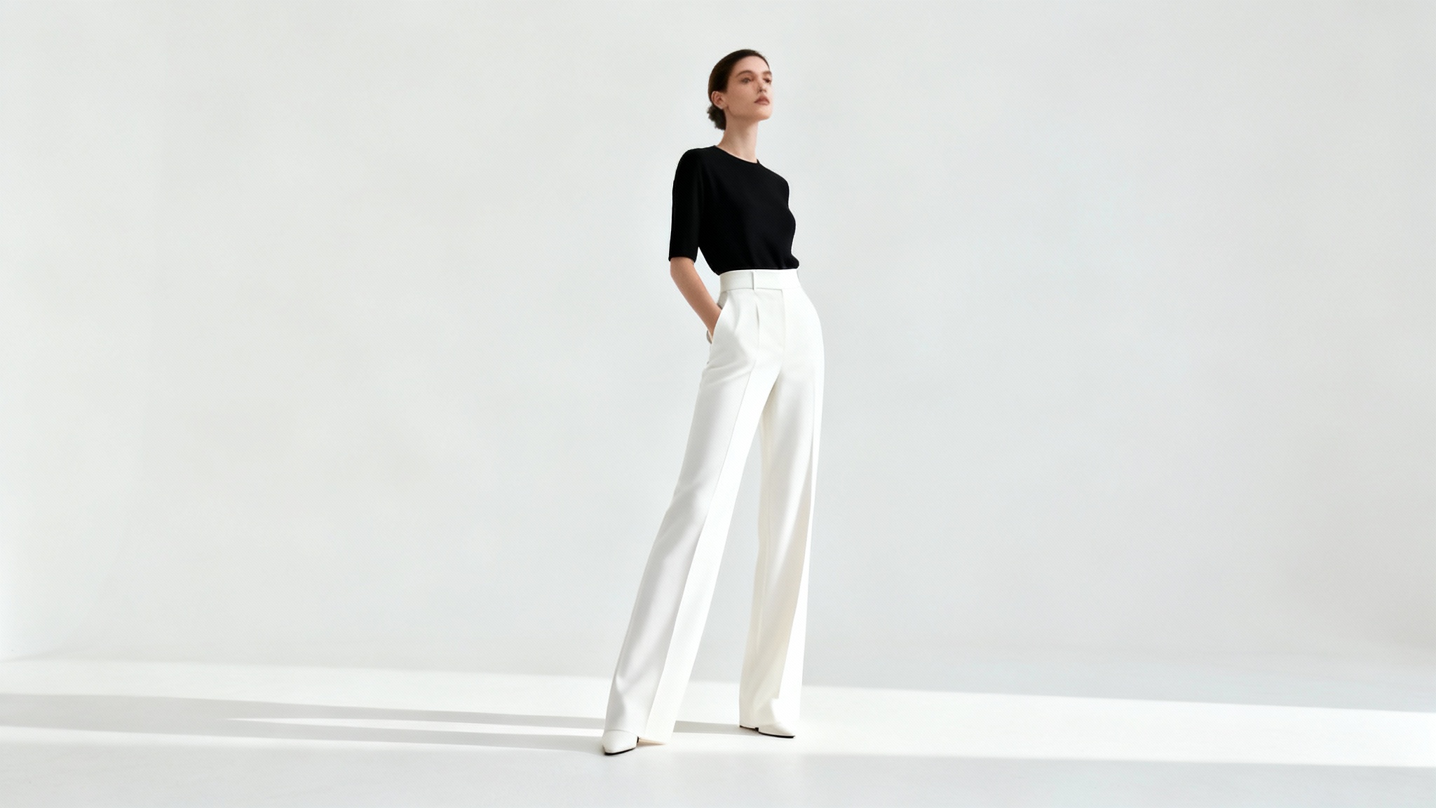A full-body studio photograph of a woman with noticeably long legs, wearing stylish high-waisted trousers against a plain white background, demonstrating the effect of leg lengthening.