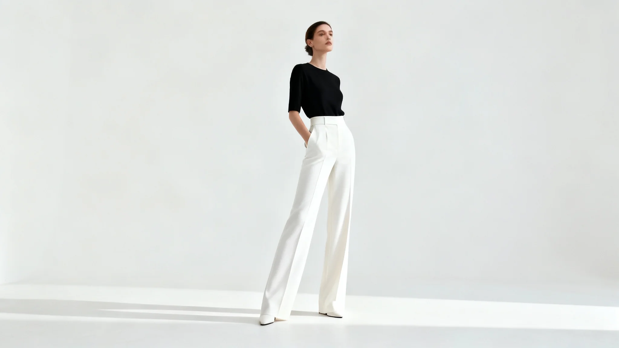A full-body studio photograph of a woman with noticeably long legs, wearing stylish high-waisted trousers against a plain white background, demonstrating the effect of leg lengthening.