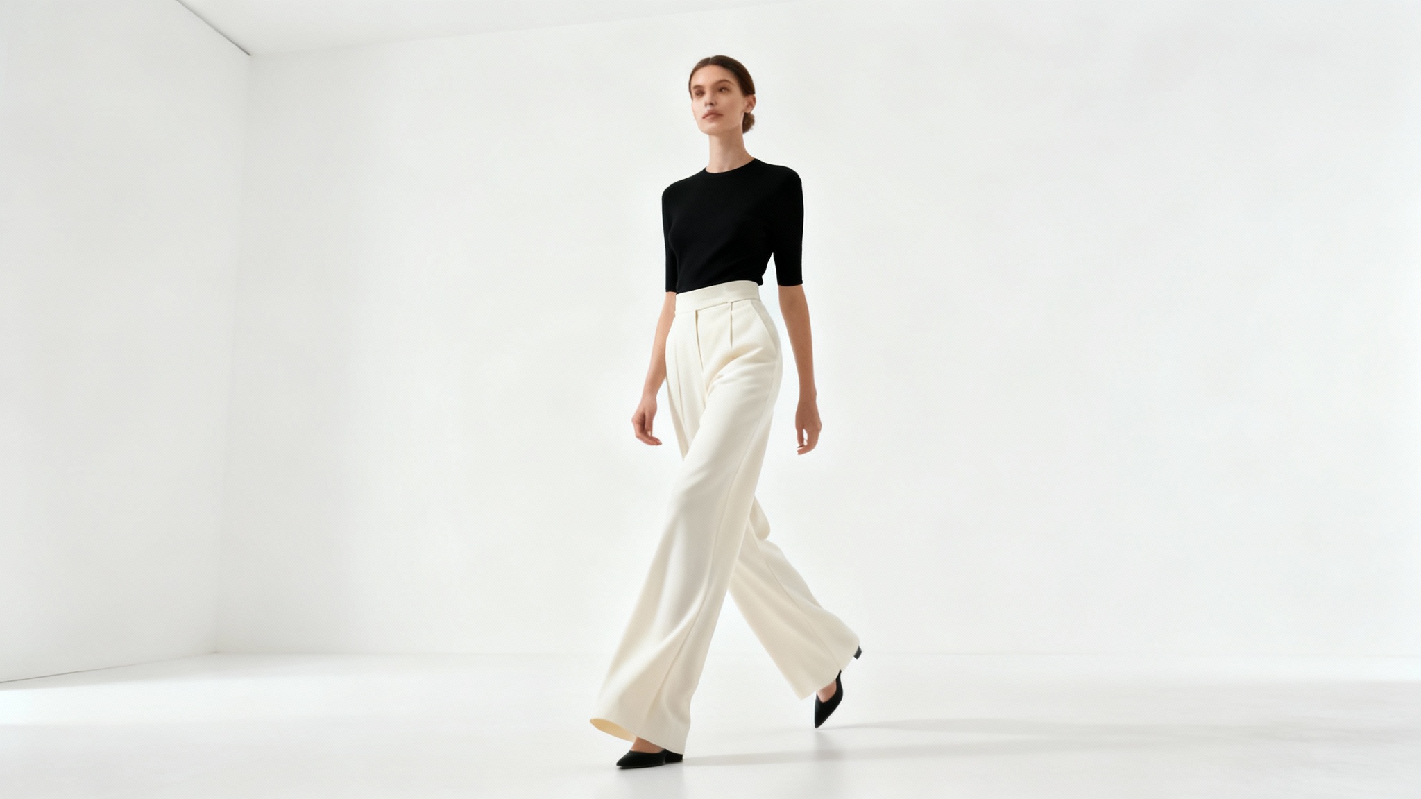 Fashion photo of a woman with exaggeratedly long legs wearing wide-leg trousers, captured from a low angle against a plain white background.