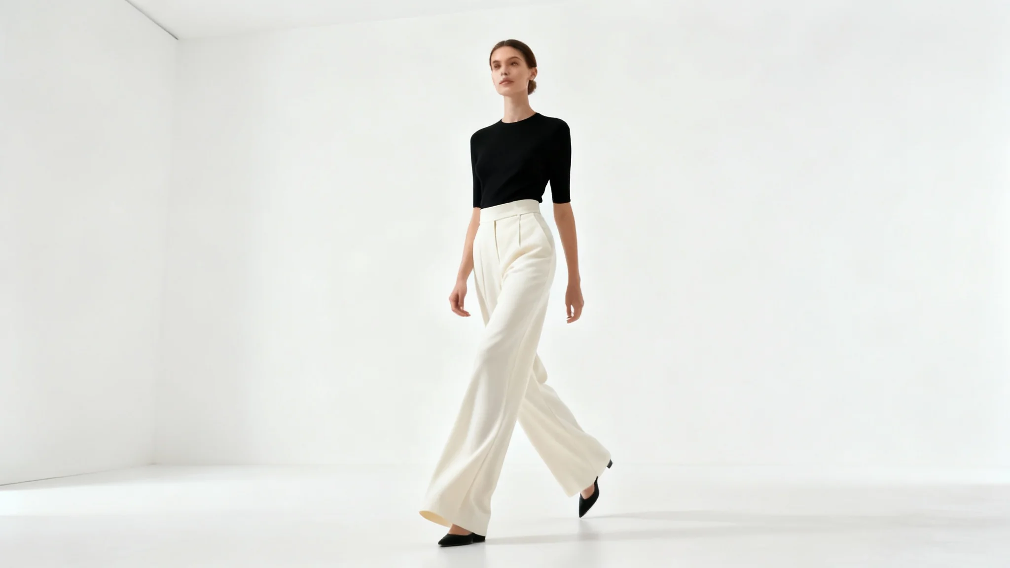 Fashion photo of a woman with exaggeratedly long legs wearing wide-leg trousers, captured from a low angle against a plain white background.