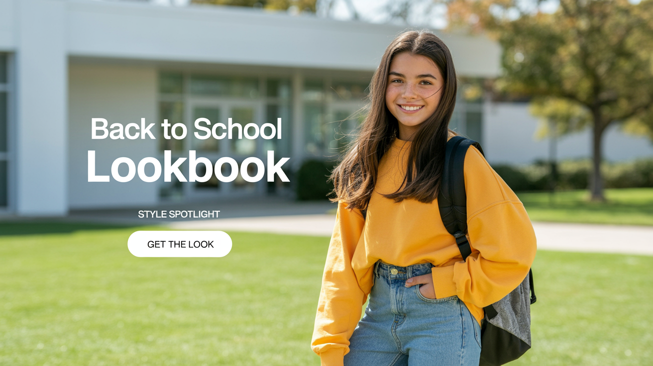A professionally designed 'Back to School Lookbook' graphic featuring a photo of a teenage girl in a yellow sweater and jeans. The design has a clean, modern layout with bold text and geometric shapes.