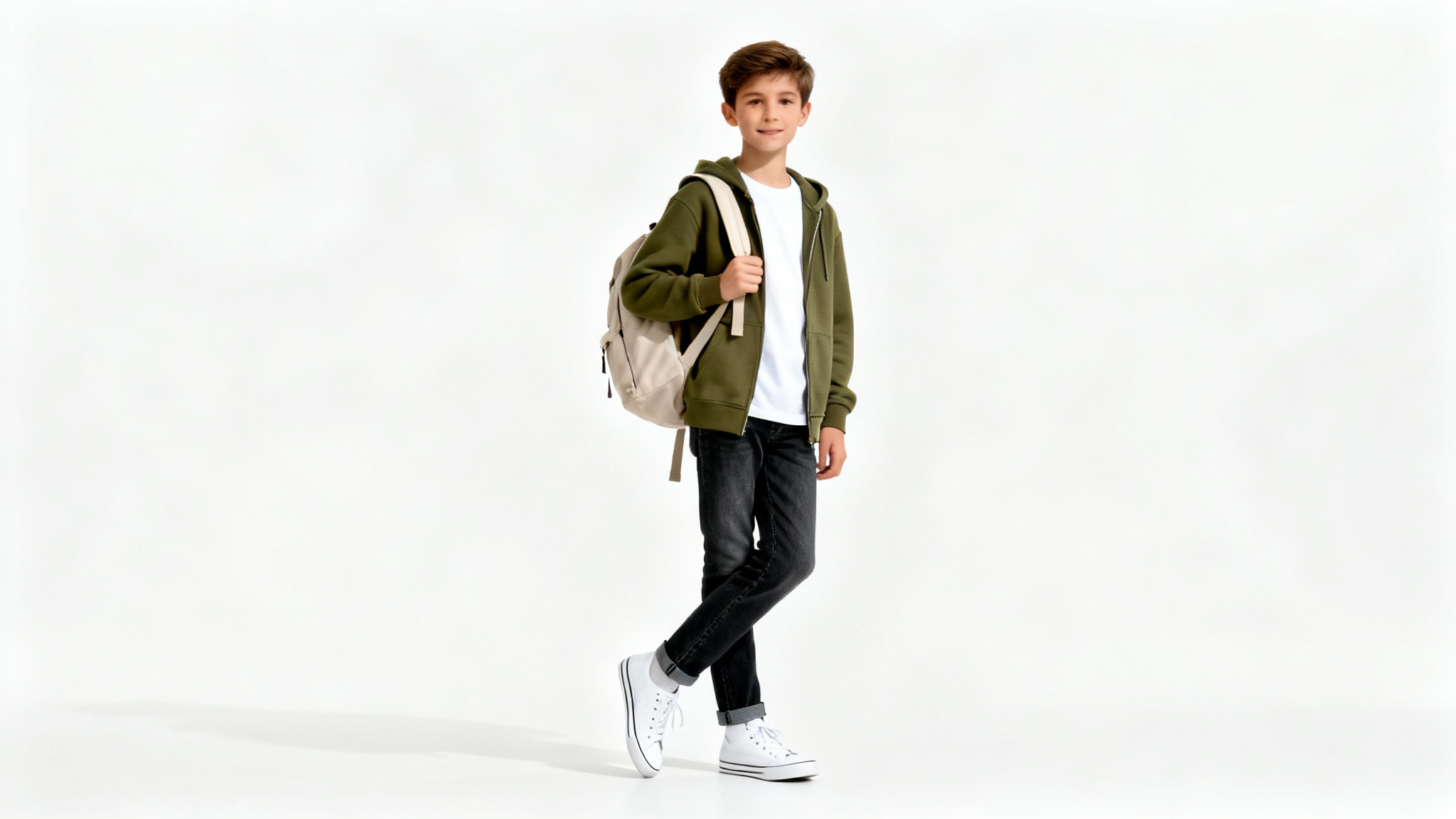 A teenager wearing a stylish back-to-school outfit with a hoodie, jeans, and a backpack, posing against a clean white background.