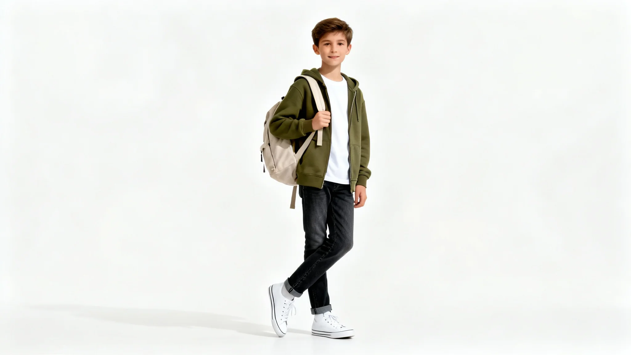 A teenager wearing a stylish back-to-school outfit with a hoodie, jeans, and a backpack, posing against a clean white background.