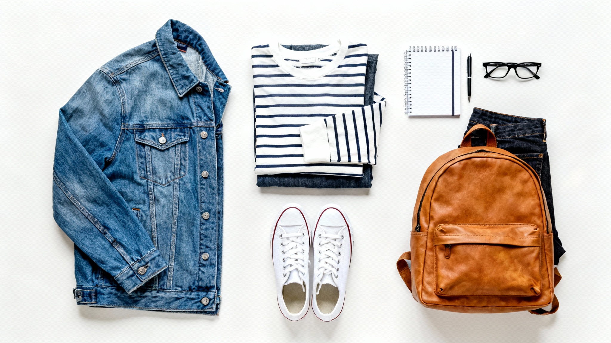A flat lay of a back-to-school outfit on a white background, featuring a denim jacket, a striped shirt, jeans, white sneakers, and a backpack.