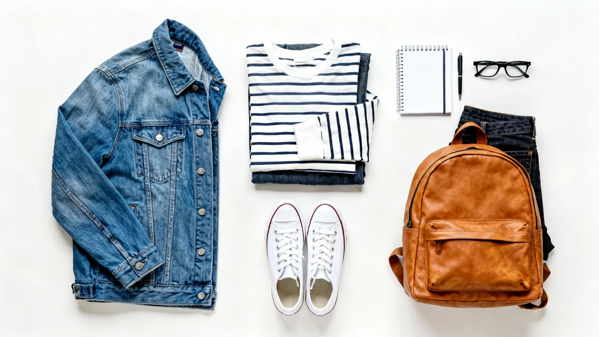 A flat lay of a back-to-school outfit on a white background, featuring a denim jacket, a striped shirt, jeans, white sneakers, and a backpack.