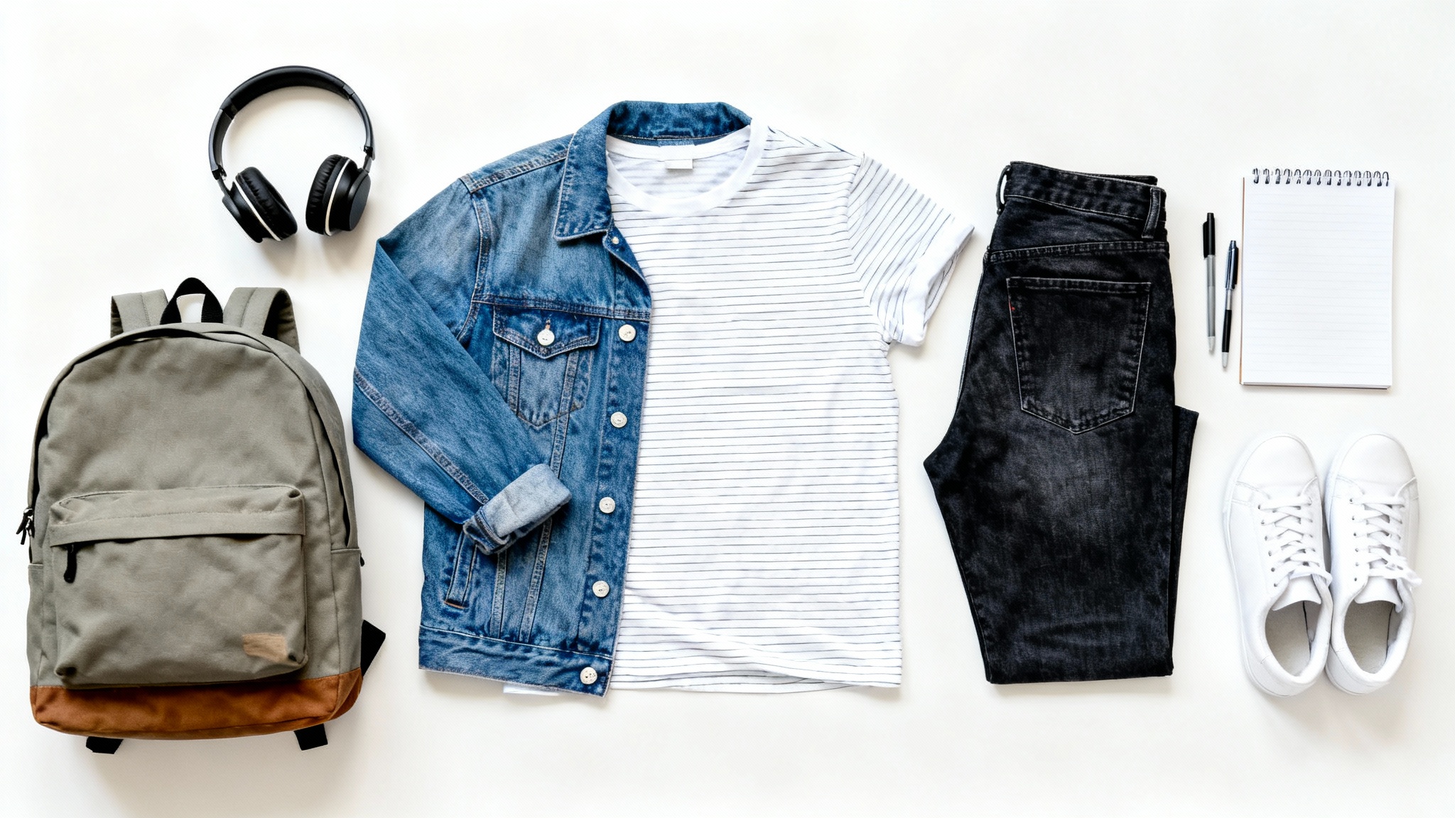 A flat lay image of a complete back-to-school outfit, including a denim jacket, striped shirt, jeans, sneakers, and a backpack, all neatly arranged on a white background.