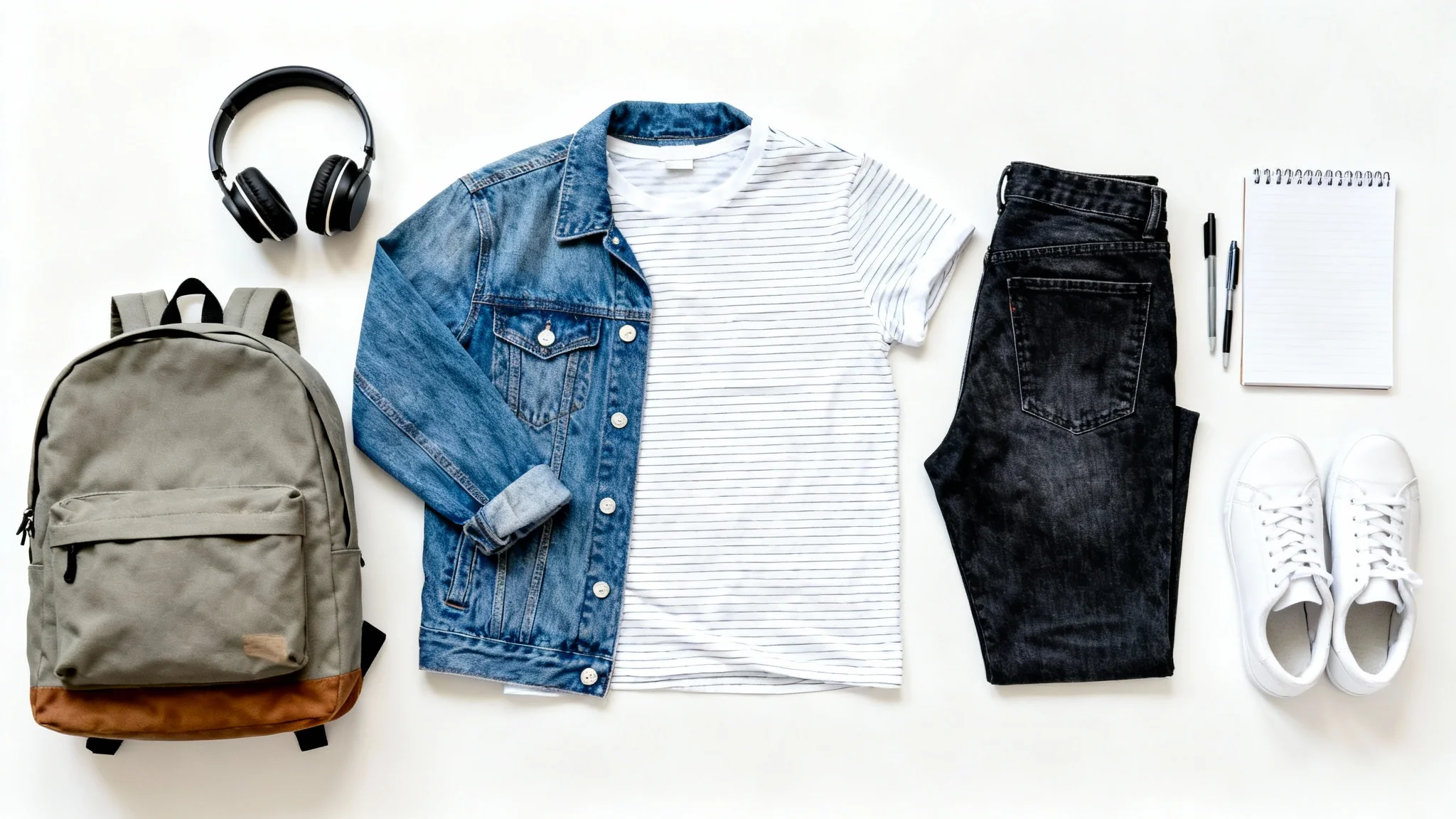 A flat lay image of a complete back-to-school outfit, including a denim jacket, striped shirt, jeans, sneakers, and a backpack, all neatly arranged on a white background.