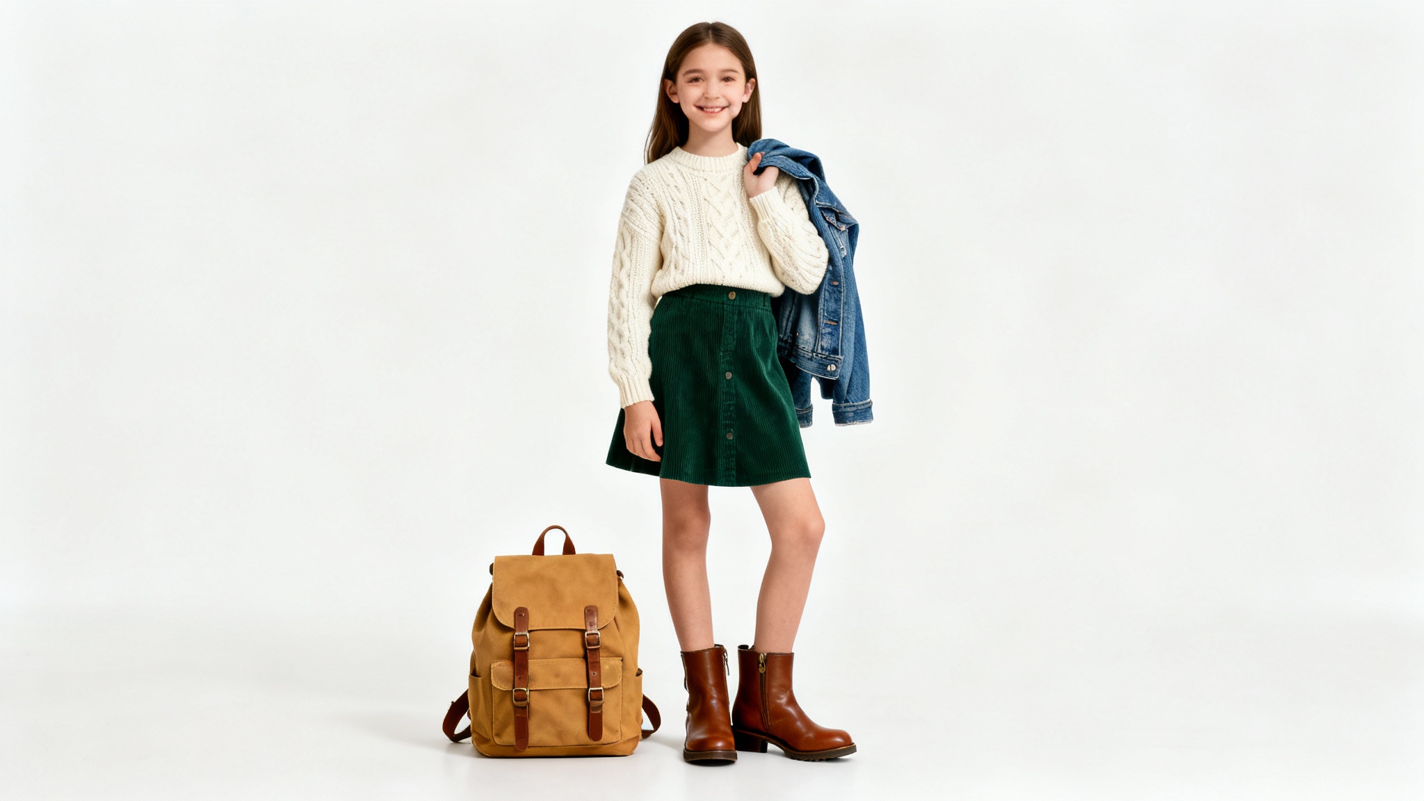 A stylish back-to-school outfit featuring a teenage girl in a corduroy skirt and knit sweater, with a denim jacket and backpack, presented against a clean white background.