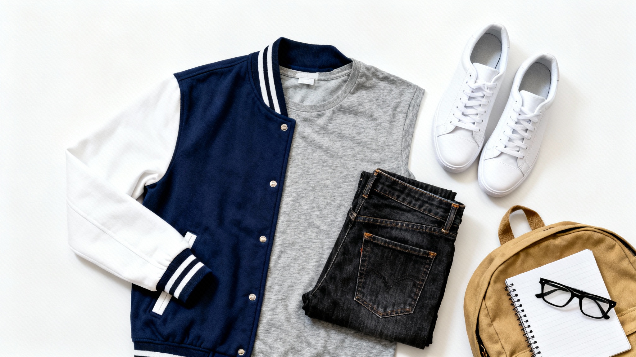 A flat lay of a back-to-school outfit featuring a varsity jacket, t-shirt, jeans, white sneakers, and a backpack arranged on a white background.