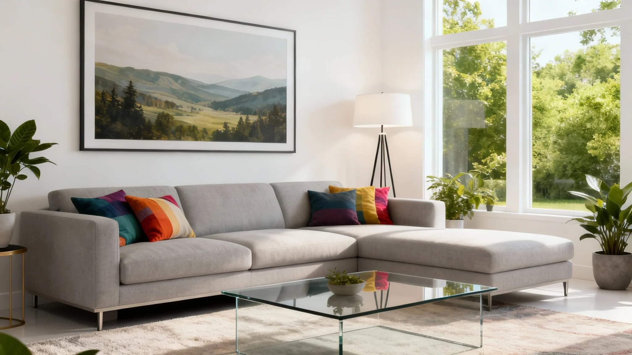 A professionally virtually staged contemporary living room, shown as a final result. The room is bright and filled with natural light, featuring a grey sectional sofa, a glass coffee table on a patterned rug, large windows with a view of trees, and elegant wall art.