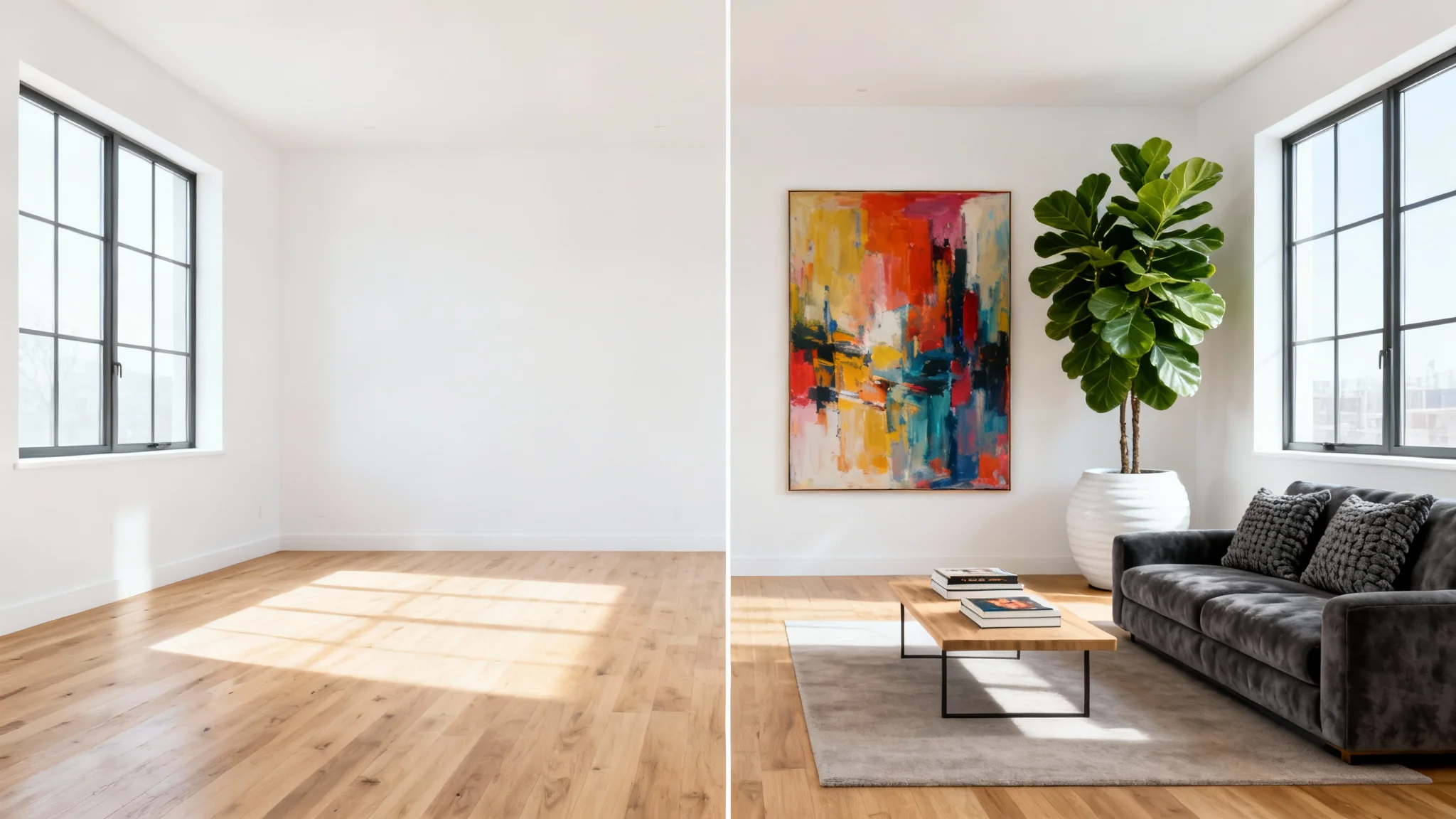 A before-and-after comparison image of virtual staging. The left side shows an empty, sunlit living room, while the right side shows the same room beautifully furnished with a modern sofa, coffee table, art, and a plant.