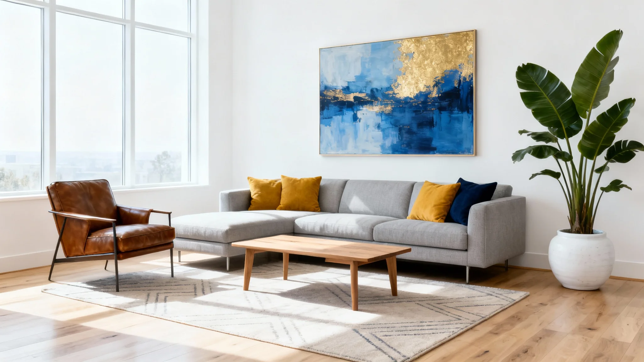 A beautifully furnished modern living room, an example of virtual staging, with a gray sofa, abstract art, and large windows.