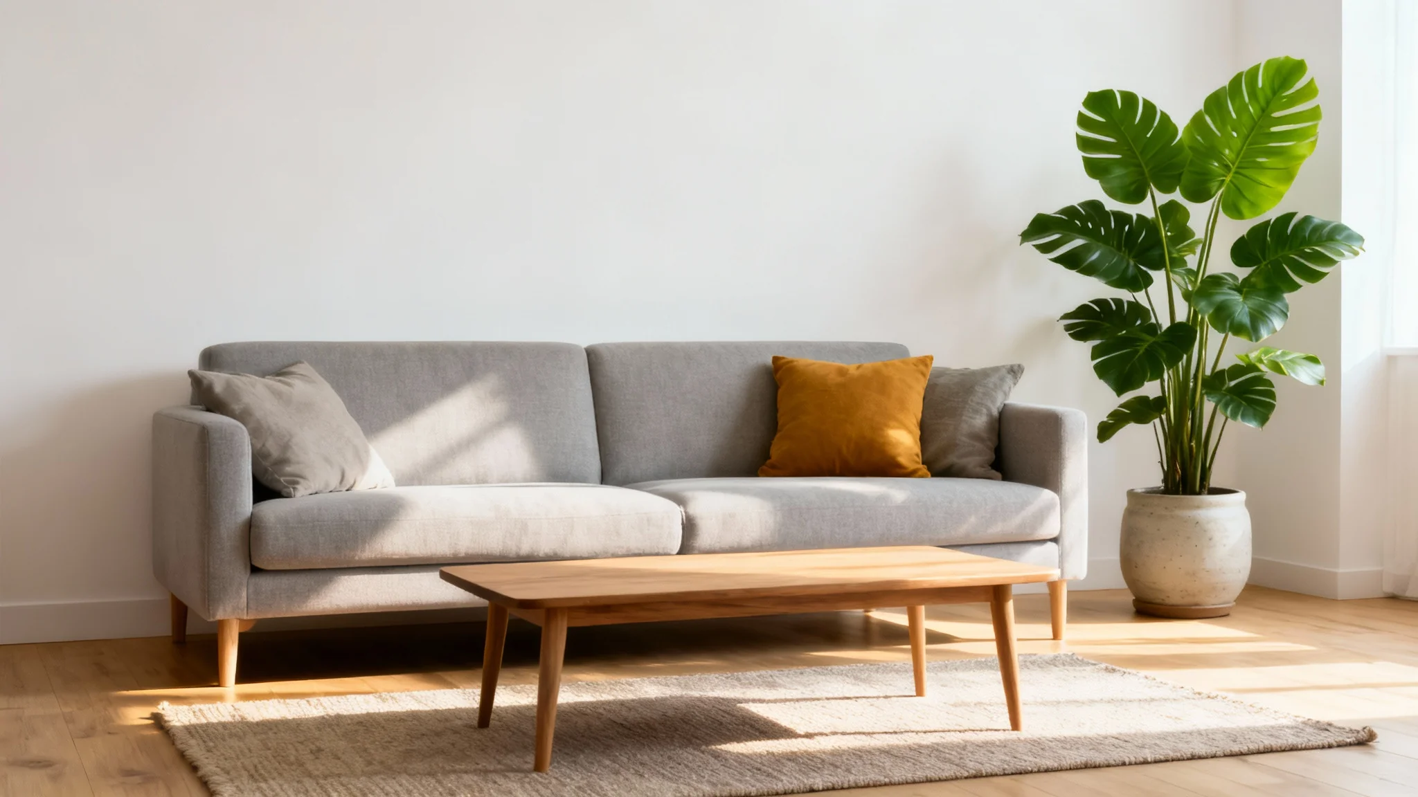 A beautifully staged modern living room with a gray sofa, wooden coffee table, and a large plant, bathed in natural light, demonstrating a virtual staging service.