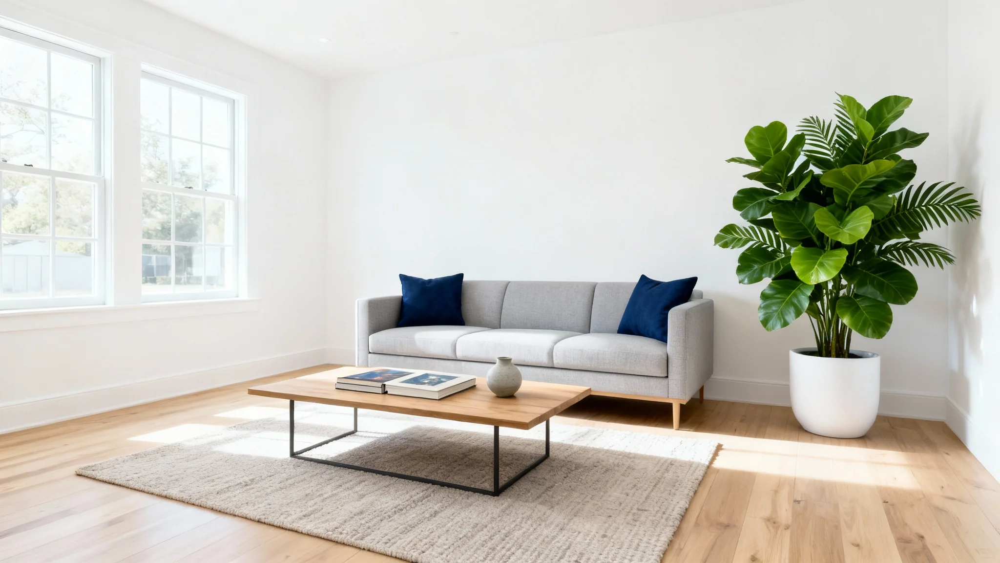 A photorealistic image of a virtually staged modern living room, featuring a gray sofa, light hardwood floors, and large windows that create a bright, airy, and inviting space.