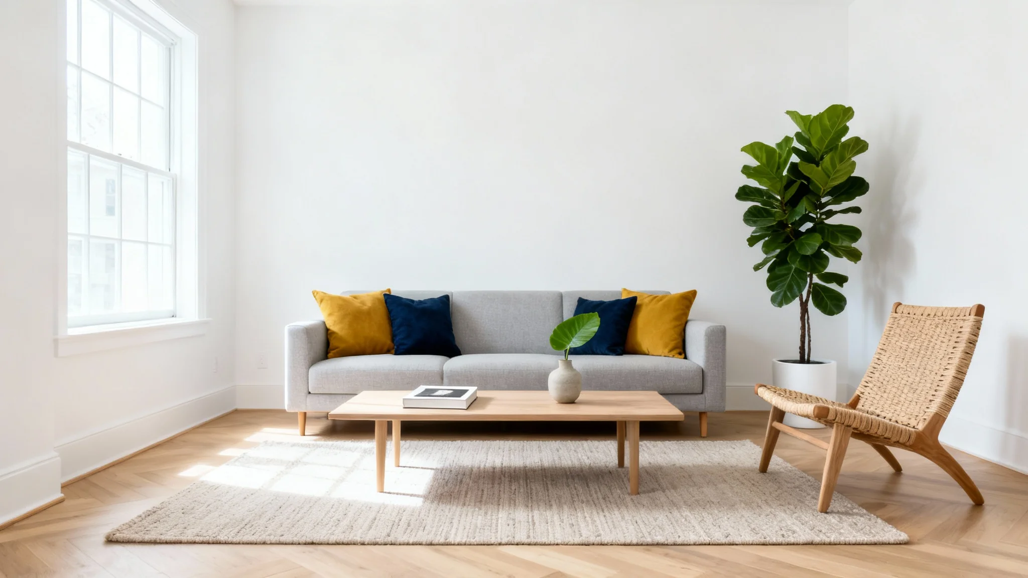 A beautifully staged modern living room with a gray sofa, wooden coffee table, and a large plant, demonstrating a professional virtual staging service.