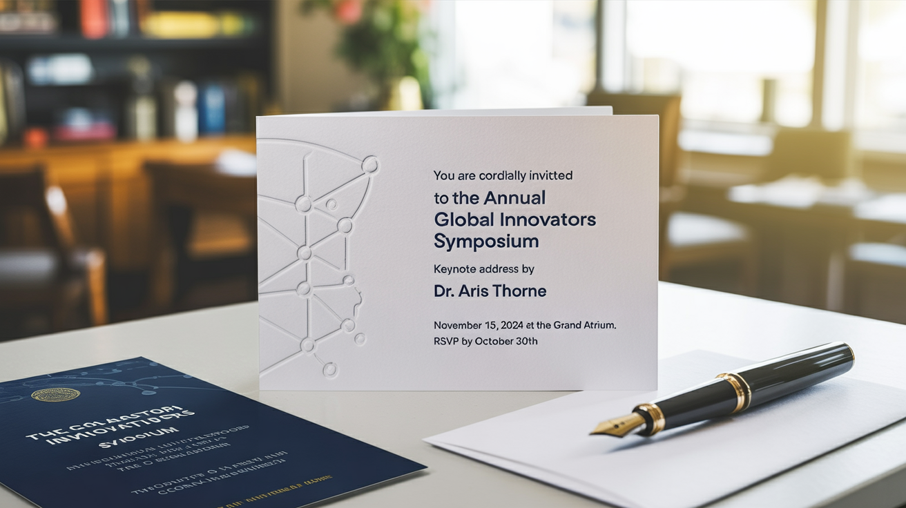 A professionally designed invitation for an academic symposium, shown complete and printed, lying on a white surface next to a fountain pen and an envelope, representing the final result of an invitation design tool.