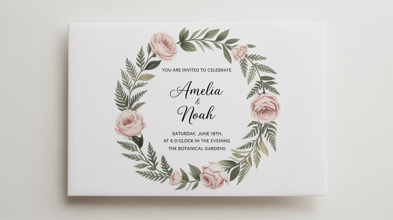 A mockup of an elegant invitation card with watercolor flowers and sample event text, shown against a plain white background.