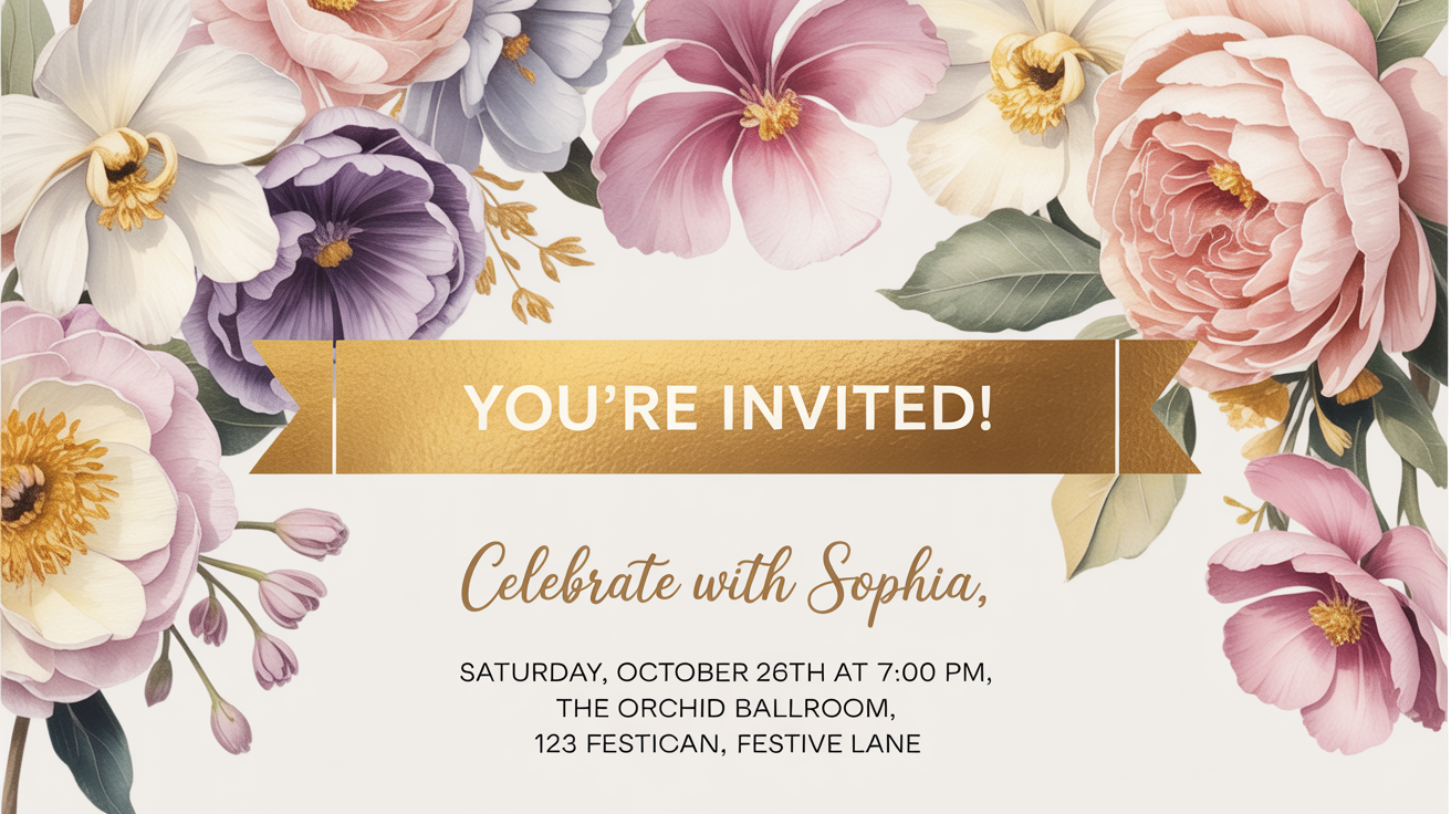 A beautiful birthday invitation card mockup on a white background, demonstrating how text can be added for an event, featuring the name 'Sophia' and party details.