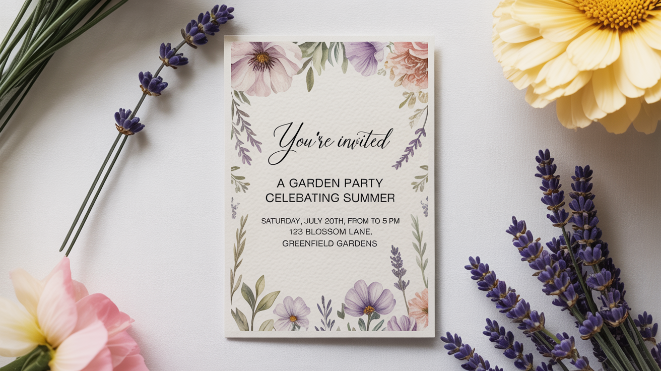 An elegant mockup of a garden party invitation, displayed on a clean white surface with sprigs of lavender.