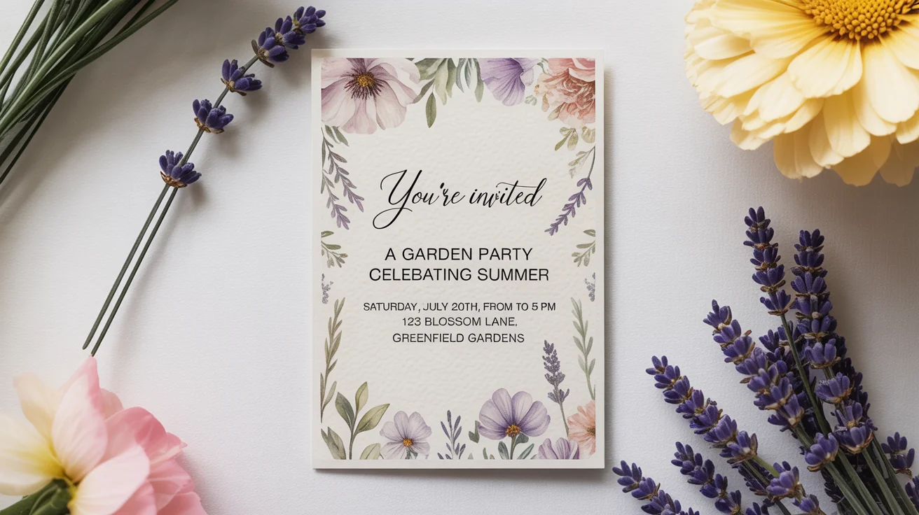 An elegant mockup of a garden party invitation, displayed on a clean white surface with sprigs of lavender.