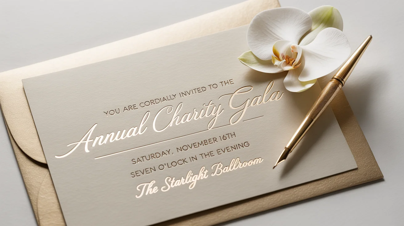 An elegant invitation card for a 'Annual Charity Gala' with gold foil text, displayed on a white background next to a white orchid and a calligraphy pen, showcasing the ability to add text to invitations.