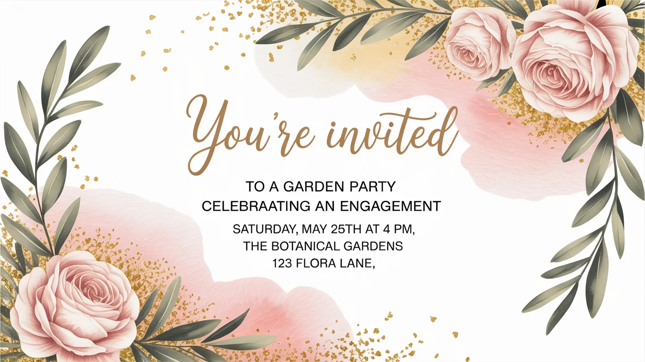 A close-up of a beautifully designed garden party invitation with elegant gold script and modern text, shown as a mockup on a plain white background.