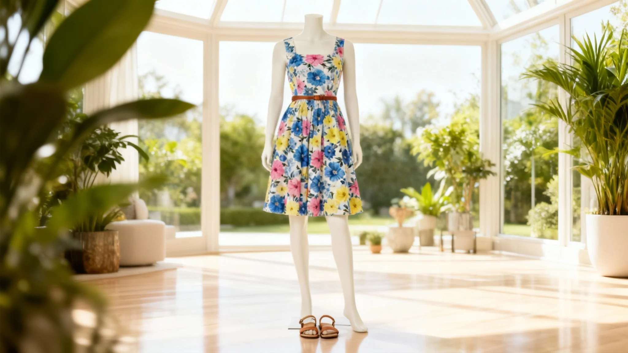 A floral summer dress displayed on a white mannequin in a beautifully lit, luxurious sunroom, representing a professional e-commerce product photo.