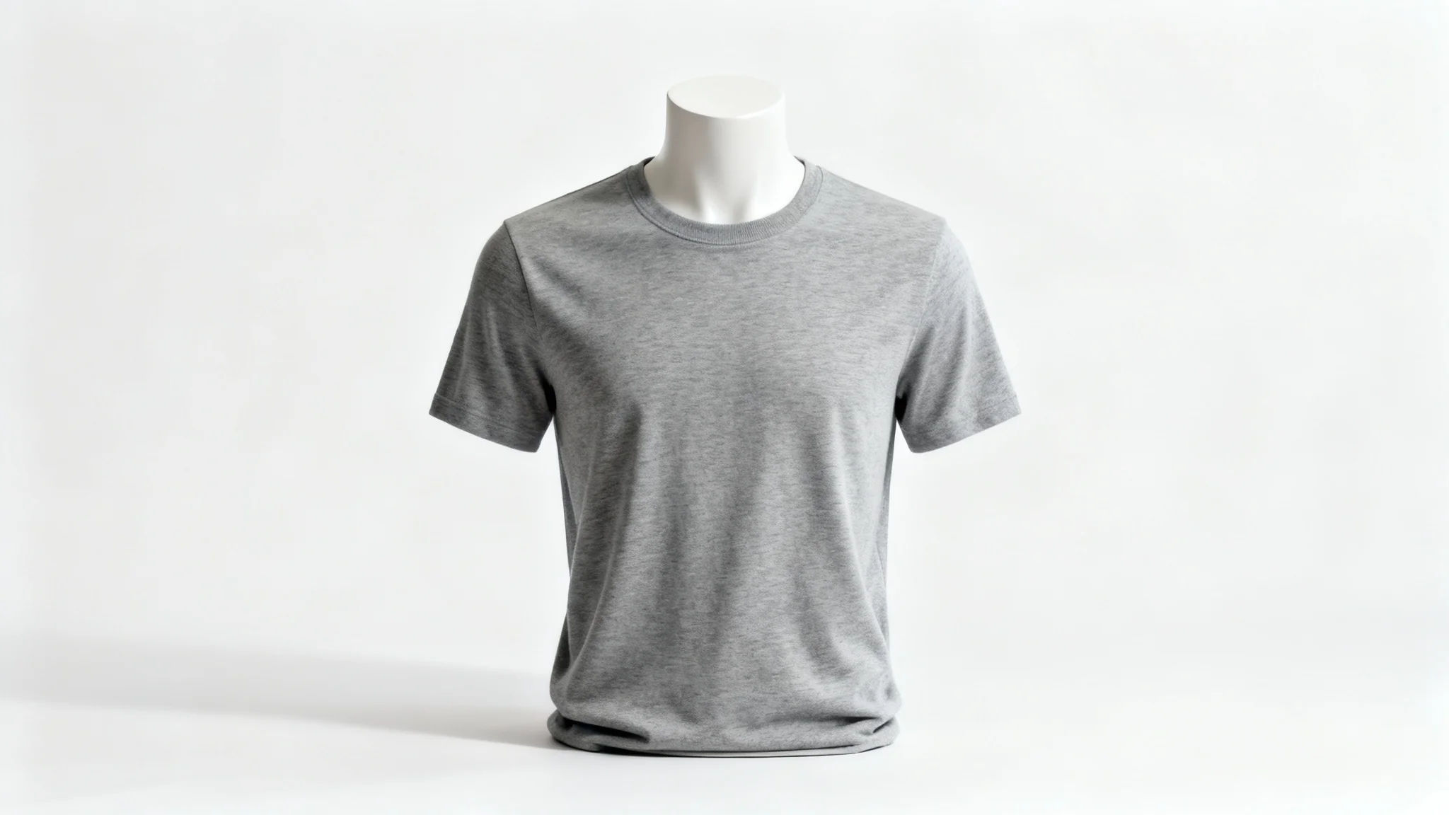 A close-up of a heather grey t-shirt on a featureless white mannequin, photographed in a studio setting against a clean white background.