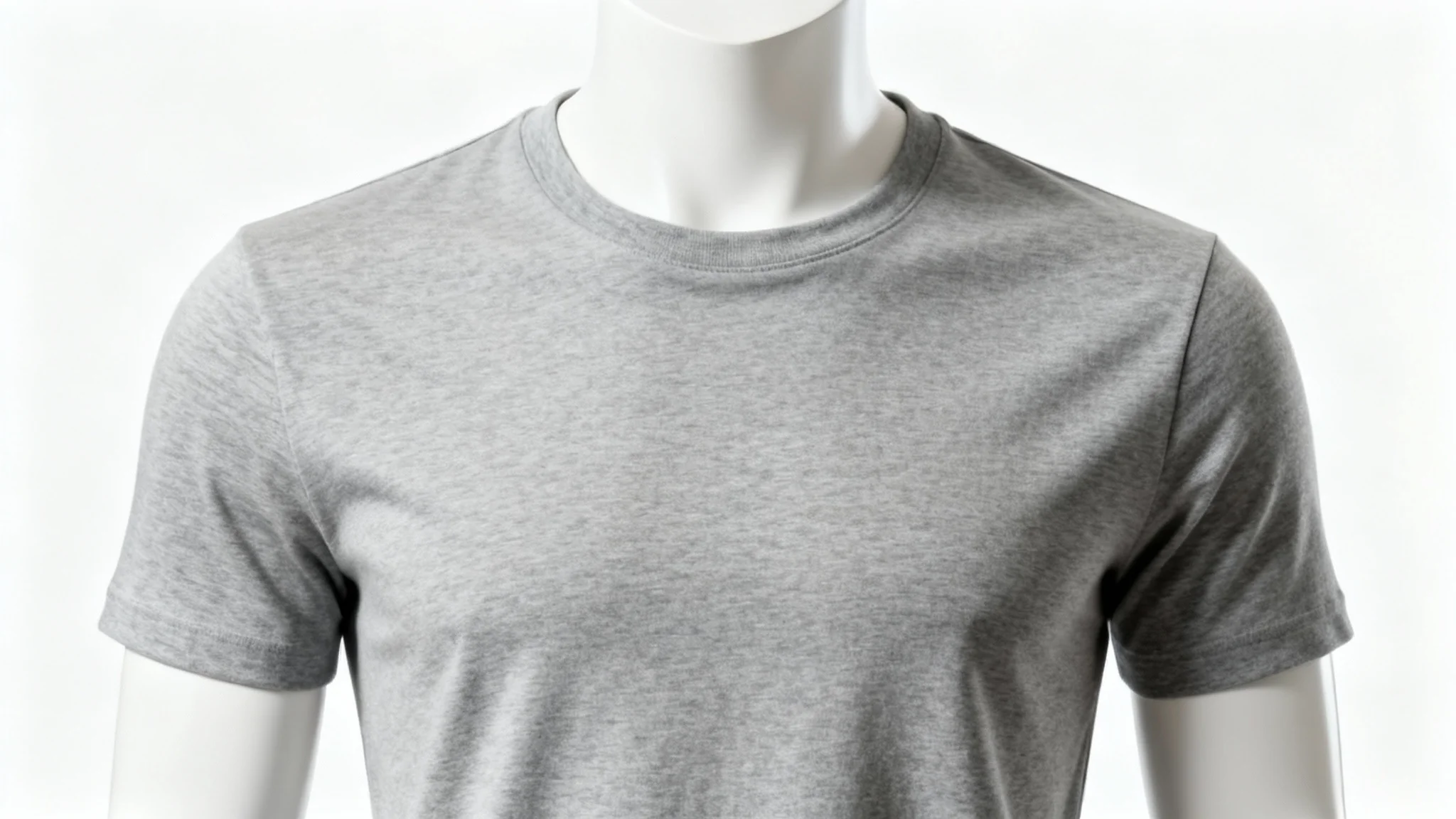 A photorealistic mockup of a heather grey t-shirt displayed on a featureless white mannequin against a solid white background, as seen in an online store.