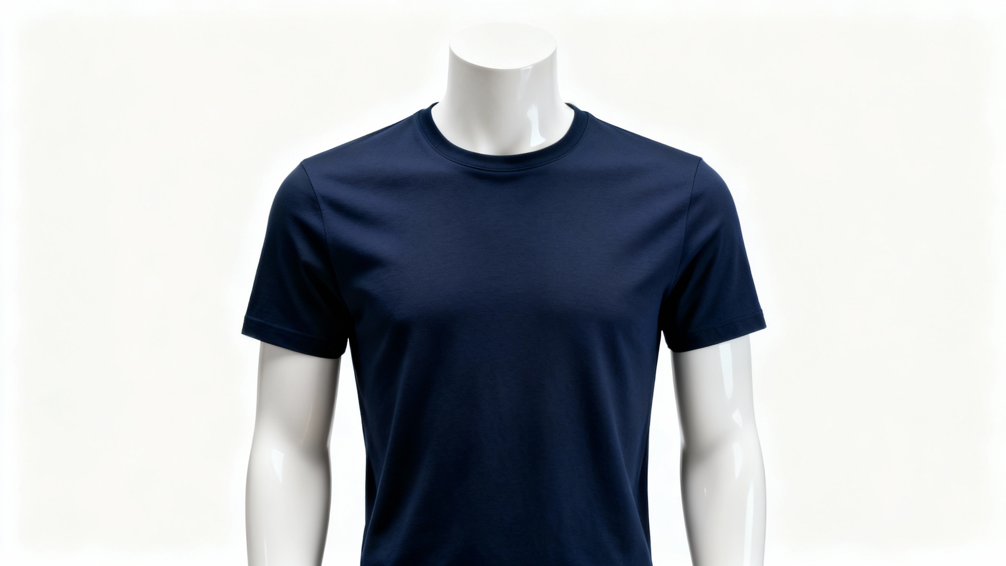A professional studio photograph of a matte white mannequin wearing a simple, well-fitted navy blue t-shirt against a clean white background.
