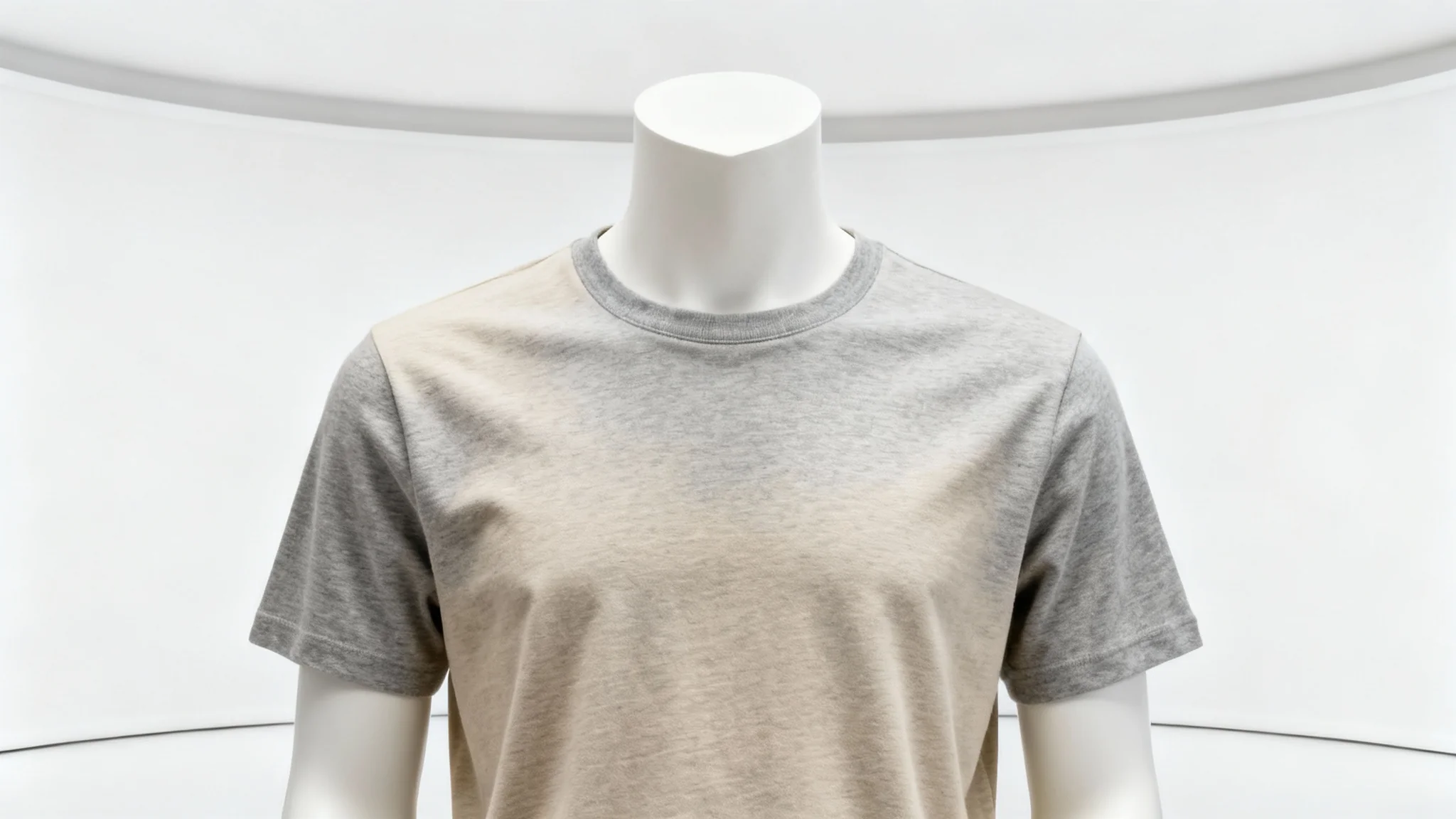 A professional studio photograph of a modern, white headless mannequin wearing a simple, well-fitting t-shirt against a clean white background, showcasing the garment for e-commerce.