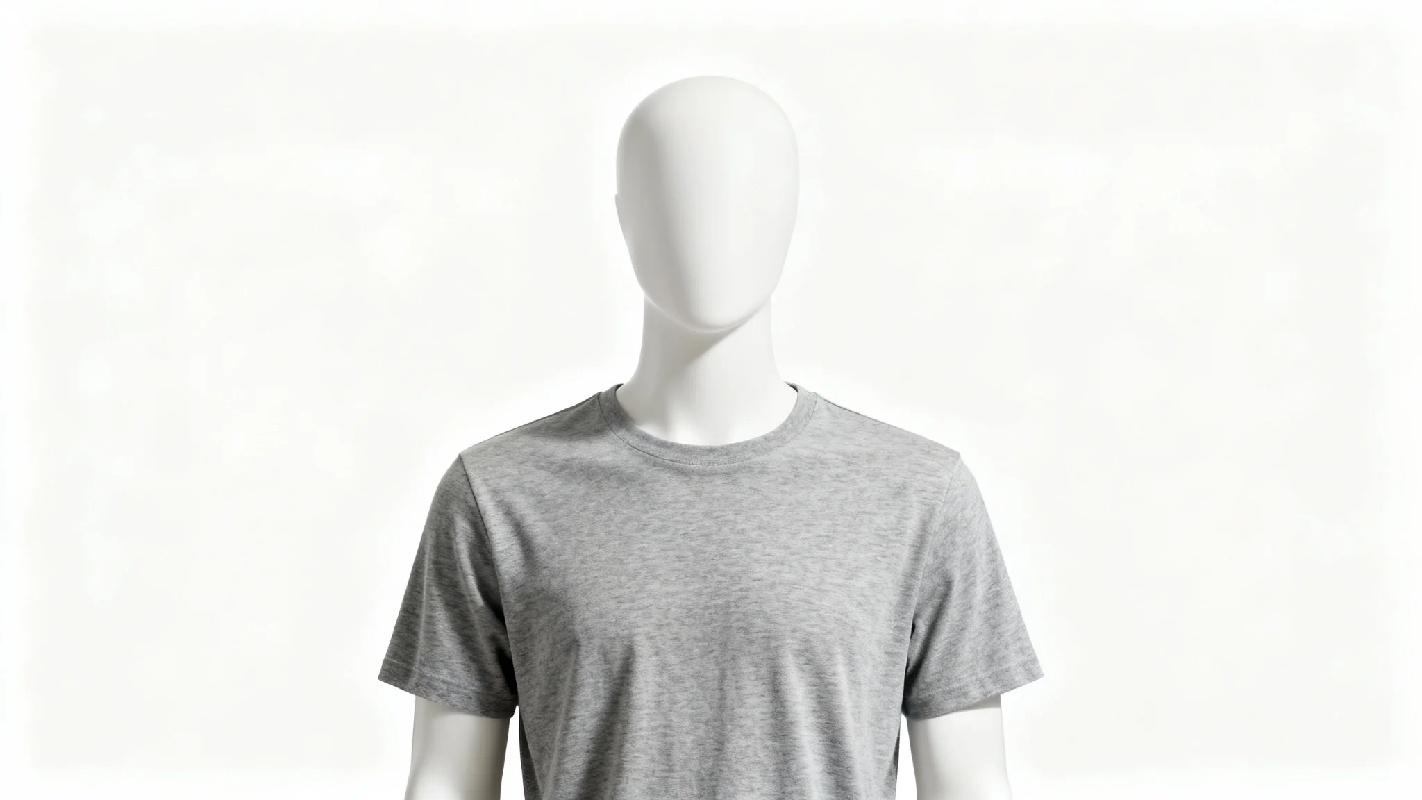 A high-quality heather gray cotton t-shirt displayed on a minimalist white mannequin torso against a stark white background, representing a product mockup.