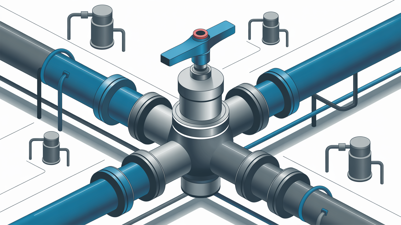 A modern, professional P&ID schematic showing a pneumatic ball valve symbol as the central element within a complex network of digital pipelines and engineering icons on a clean white background.