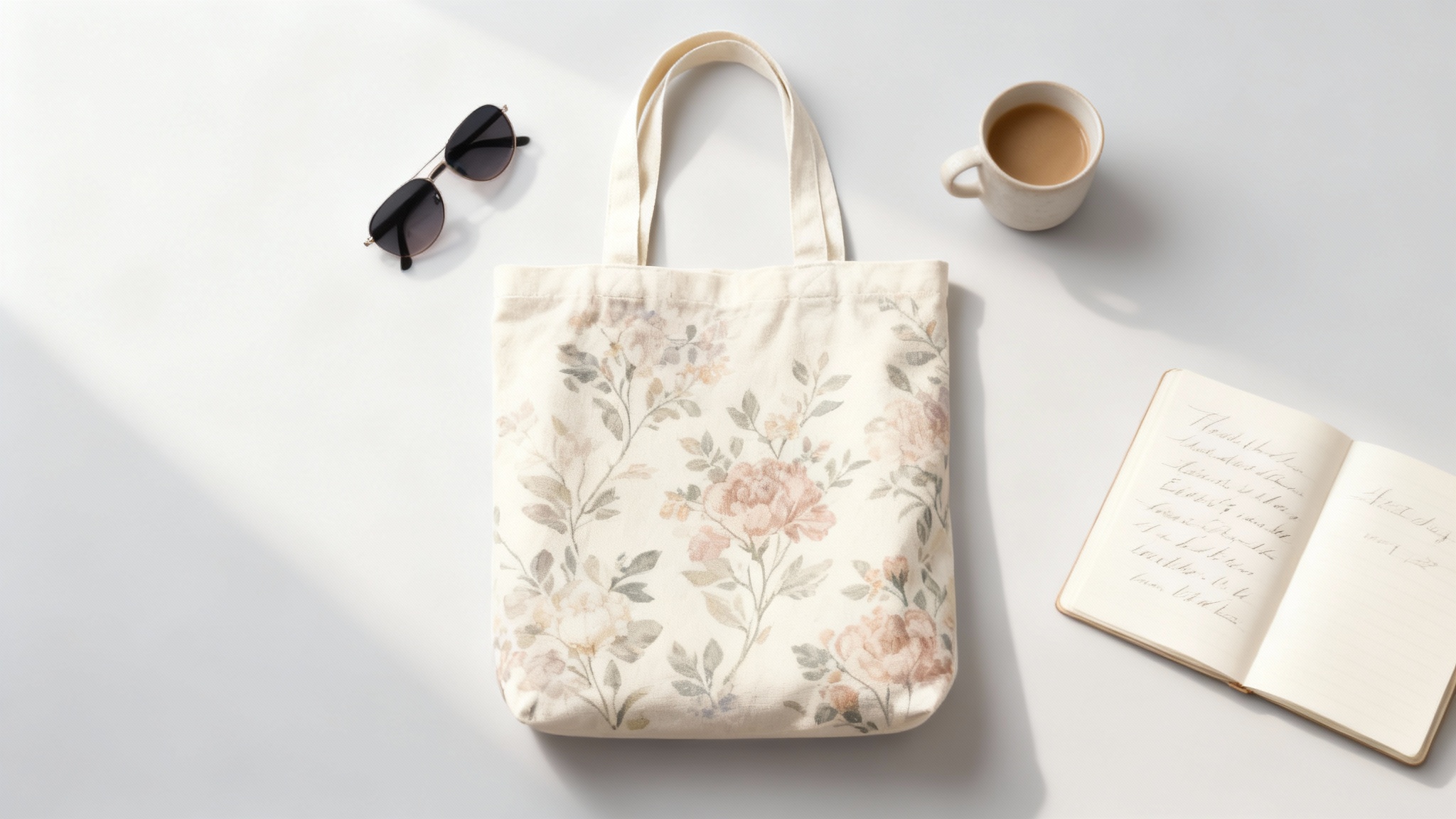 A professionally styled top-down photo of a canvas tote bag with an elegant floral design, presented as a product mockup on a clean surface alongside sunglasses and a cup of coffee.