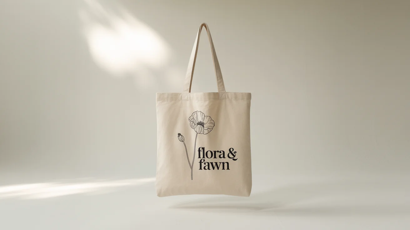 A product mockup of a canvas tote bag hanging against a white background. The bag has a minimalist design of a poppy flower and the text 'FLORA & FAWN' printed on it.