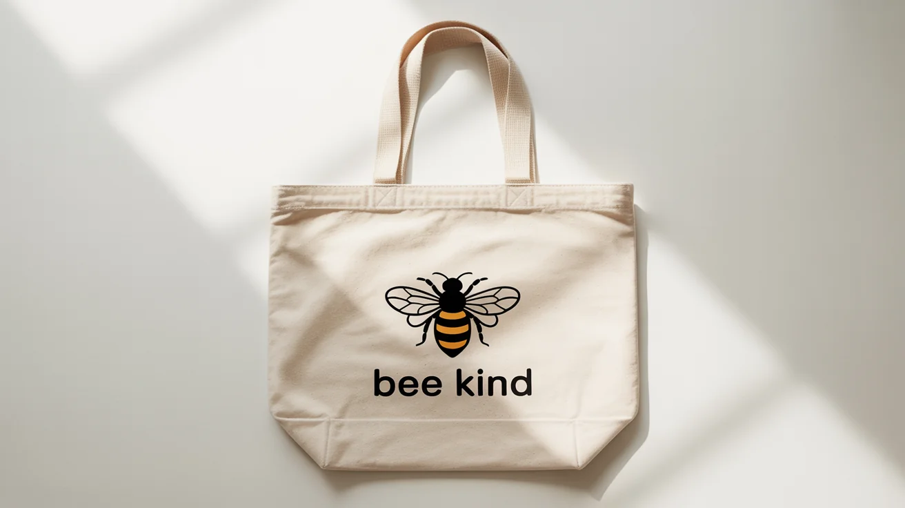 A professional studio mockup of a natural canvas tote bag on a white background. The bag has a minimalist design of a honeybee and the words 'BEE KIND' printed on it.