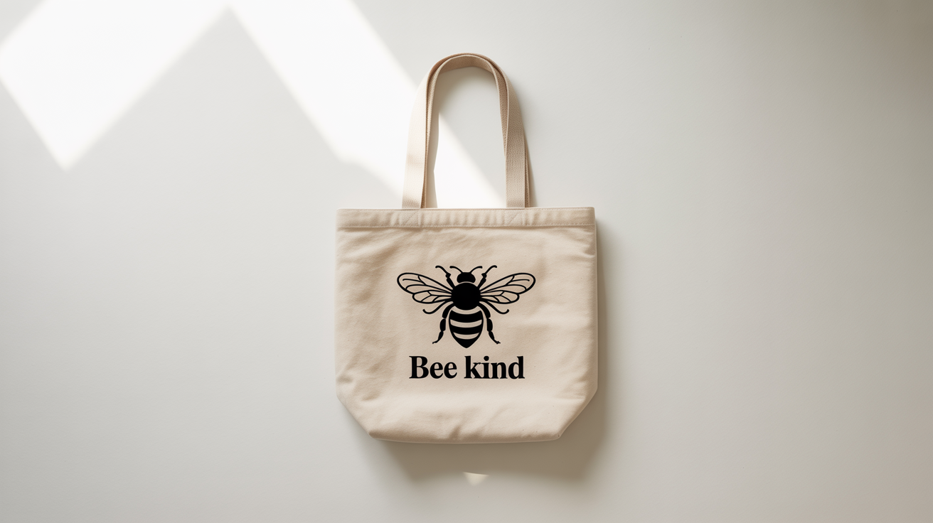 A top-down view of a canvas tote bag mockup on a white background, featuring a minimalist black graphic of a honeybee and the text 'BEE KIND'.