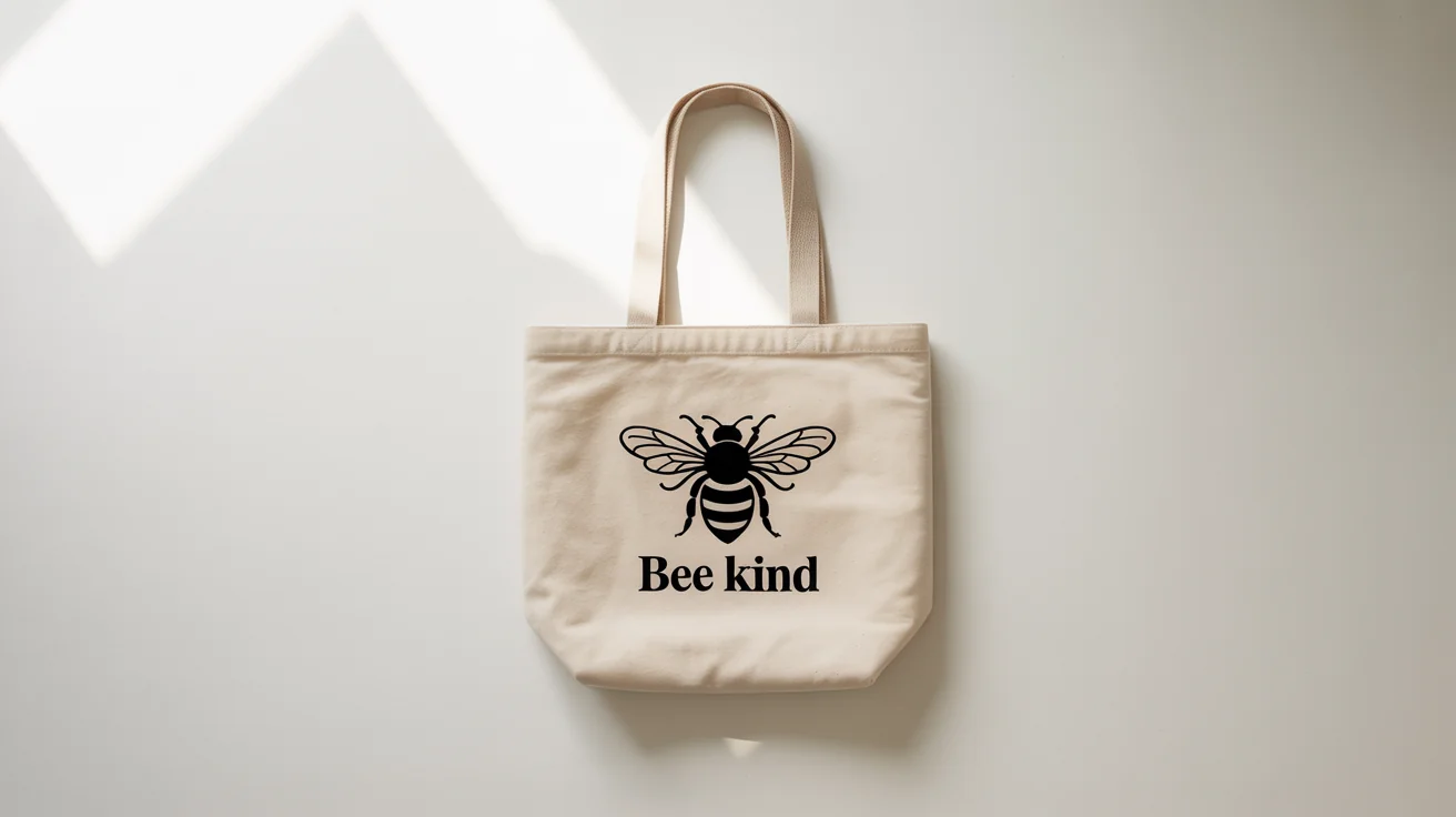 A top-down view of a canvas tote bag mockup on a white background, featuring a minimalist black graphic of a honeybee and the text 'BEE KIND'.